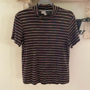 Y2K Michele Michelle rainbow black flocked striped mockneck top